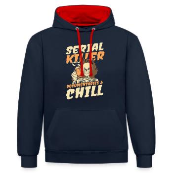 Serial Killer Documentaties et Chill - Sweat à capuche contrasté - bleu marine/rouge - Devant - Anna (173cm) & Nico (186cm)