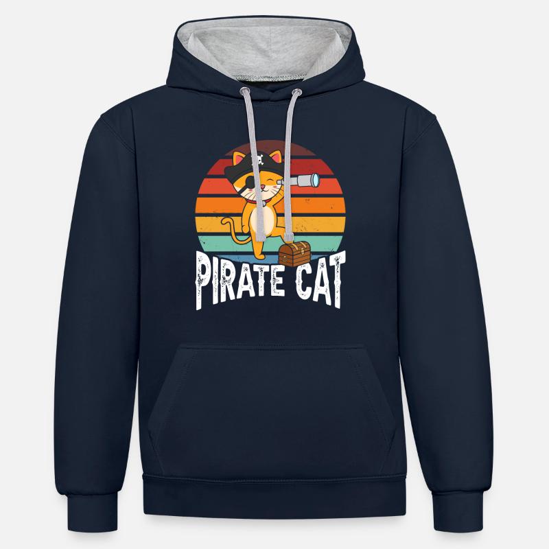 Chat pirate - Sweat à capuche contrasté - bleu marine/gris chiné