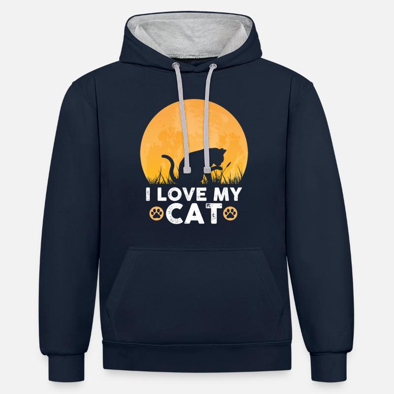 J’aime mon chat - Sweat à capuche contrasté - bleu marine/gris chiné