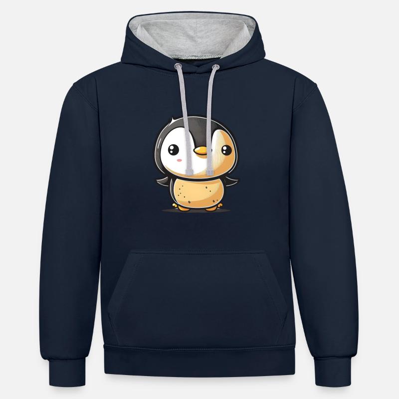 Bébé pingouin - Sweat à capuche contrasté - bleu marine/gris chiné