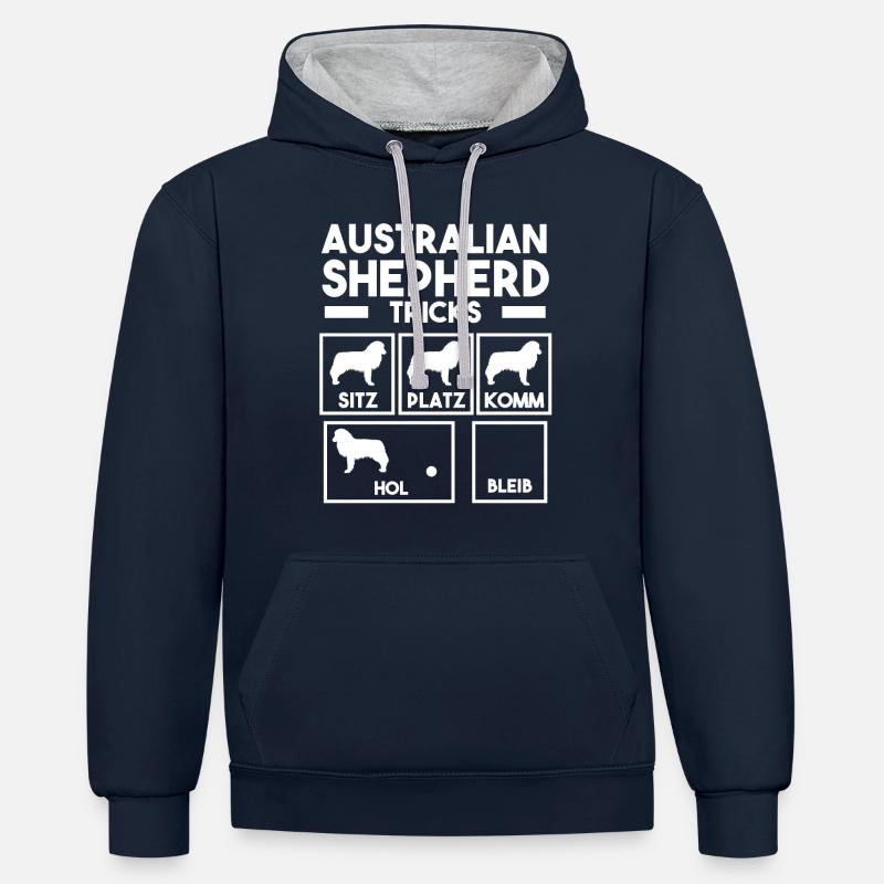 Hund Australian Shepherd - Kontrast-Hoodie - Navy/Grau meliert
