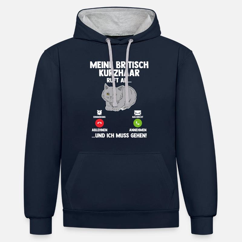 Britisch Kurzhaar Katze - Kontrast-Hoodie - Navy/Grau meliert