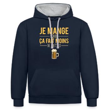 Je mange liquide ça fait moins de miettes apéro - Sweat à capuche contrasté - bleu marine/gris chiné - Devant - Nico (186cm)