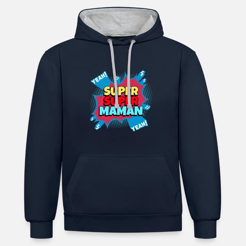 Super super maman. Super maman - Sweat à capuche contrasté - bleu marine/gris chiné