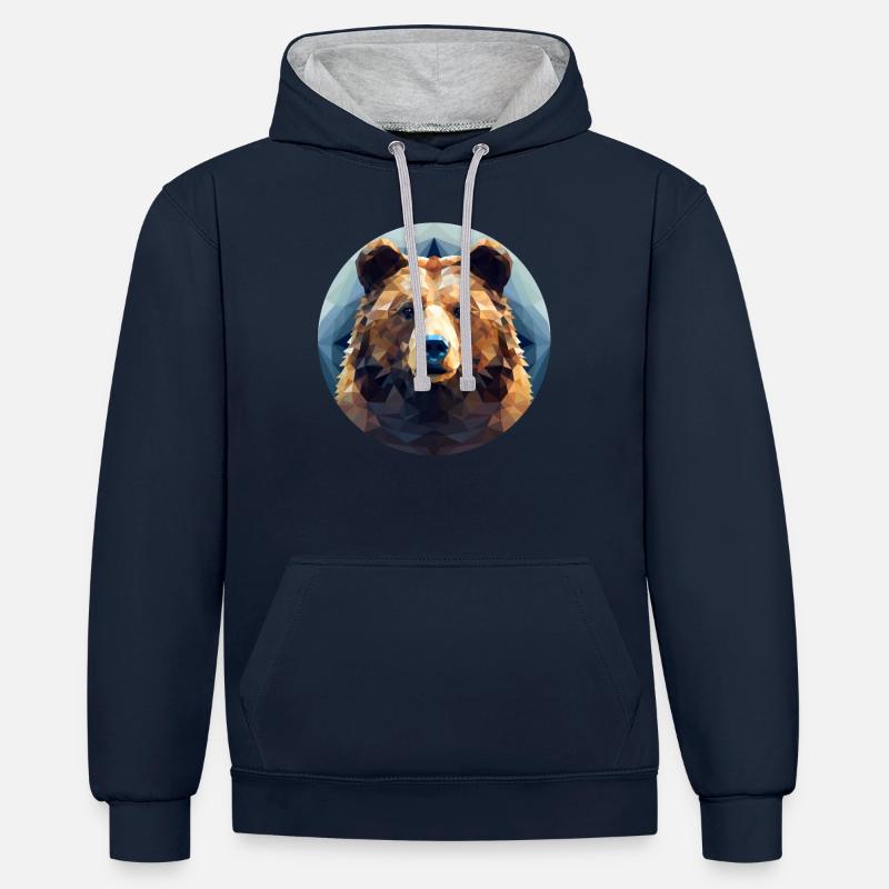 Ours dans la géométrie polygonale - Sweat à capuche contrasté - bleu marine/gris chiné