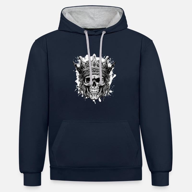 Crâne Roi Couronne Squelette - Sweat à capuche contrasté - bleu marine/gris chiné