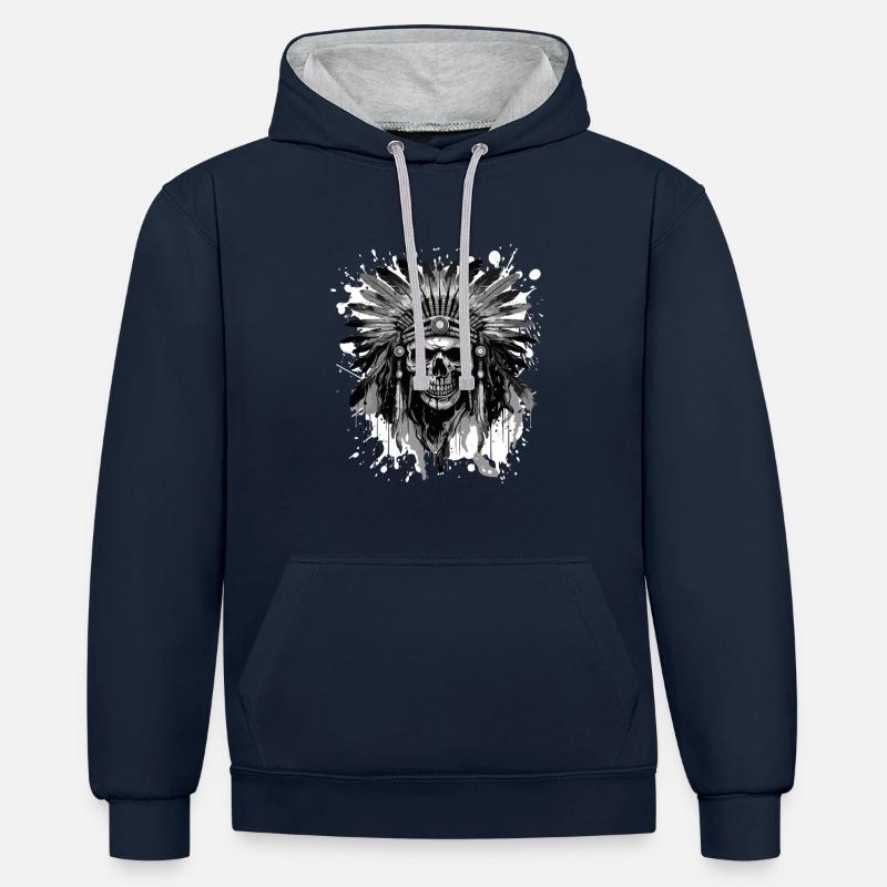Crâne Apache amérindien - Sweat à capuche contrasté - bleu marine/gris chiné