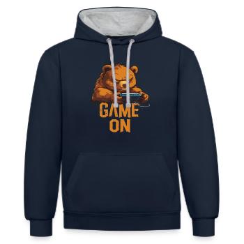 Gamer Bär: Game On - Kontrast-Hoodie - Navy/Grau meliert - Vorne - Nico (186cm)
