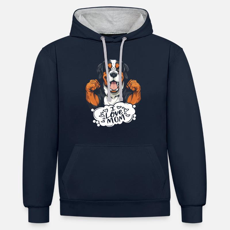 Bouvier bernois J’aime maman - Sweat à capuche contrasté - bleu marine/gris chiné