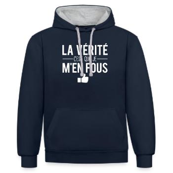La vérité c'est que je m'en fous rien à foutre - Sweat à capuche contrasté - bleu marine/gris chiné - Devant - Nico (186cm)