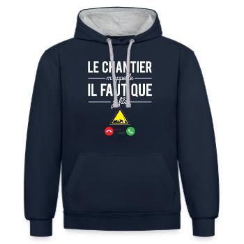 Le chantier m'appelle il faut que je file humour - Sweat à capuche contrasté - bleu marine/gris chiné - Devant - Nico (186cm)