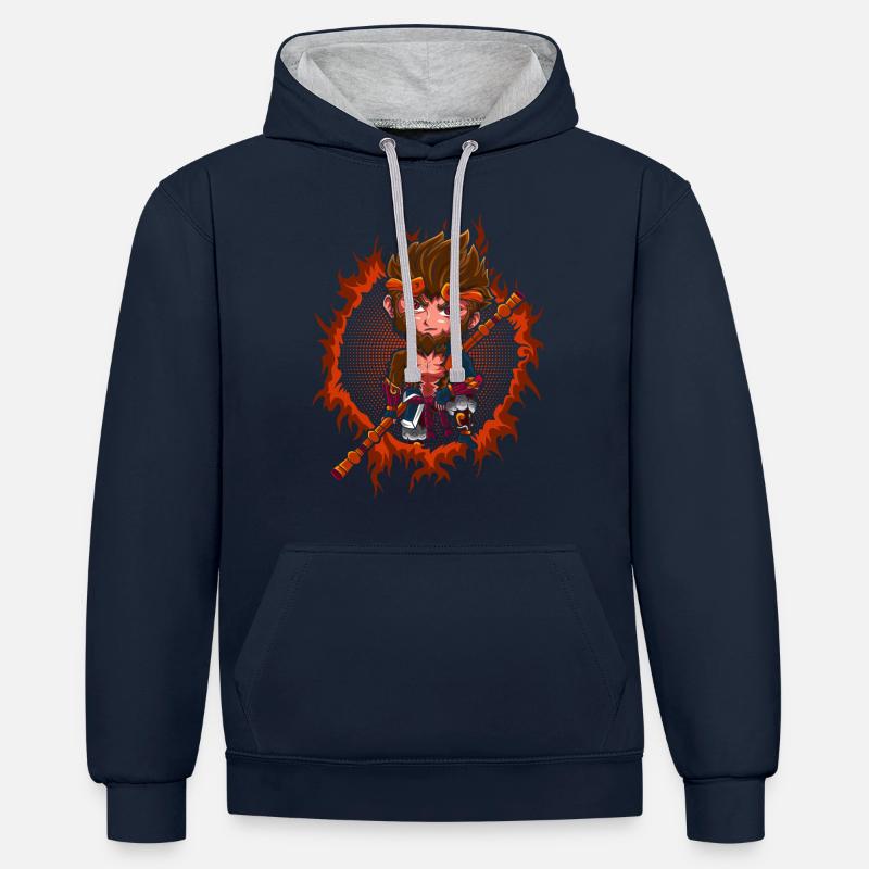 Roi des singes Chibi - Sweat à capuche contrasté - bleu marine/gris chiné