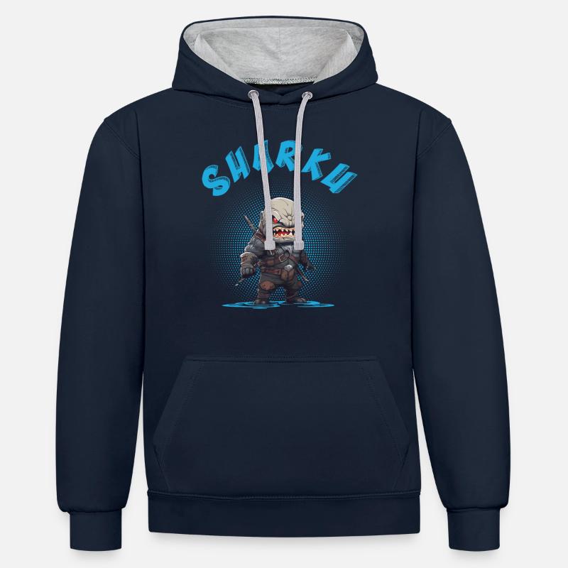 Chibi Sharku Guerrier - Sweat à capuche contrasté - bleu marine/gris chiné