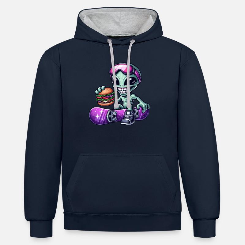 Alien Snowboarder Hamburger Restauration Rapide - Sweat à capuche contrasté - bleu marine/gris chiné