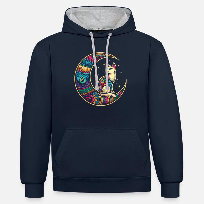 Chat Tribal Lune - Sweat à capuche contrasté - bleu marine/gris chiné