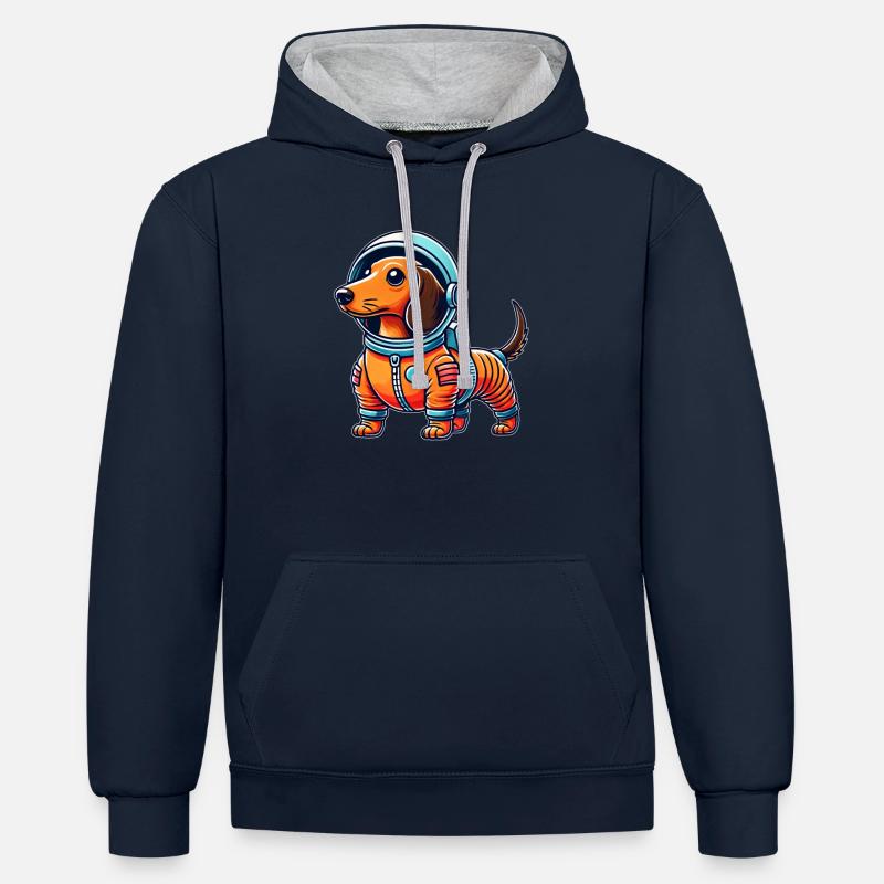 Teckel, astronaute, espace, science-fiction - Sweat à capuche contrasté - bleu marine/gris chiné