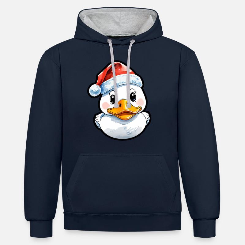 Dessin de Noël de canard - Sweat à capuche contrasté - bleu marine/gris chiné