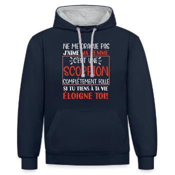 Ne me drague pas scorpion folle cadeau couple - Sweat à capuche contrasté - bleu marine/gris chiné - Devant - Nico (186cm)