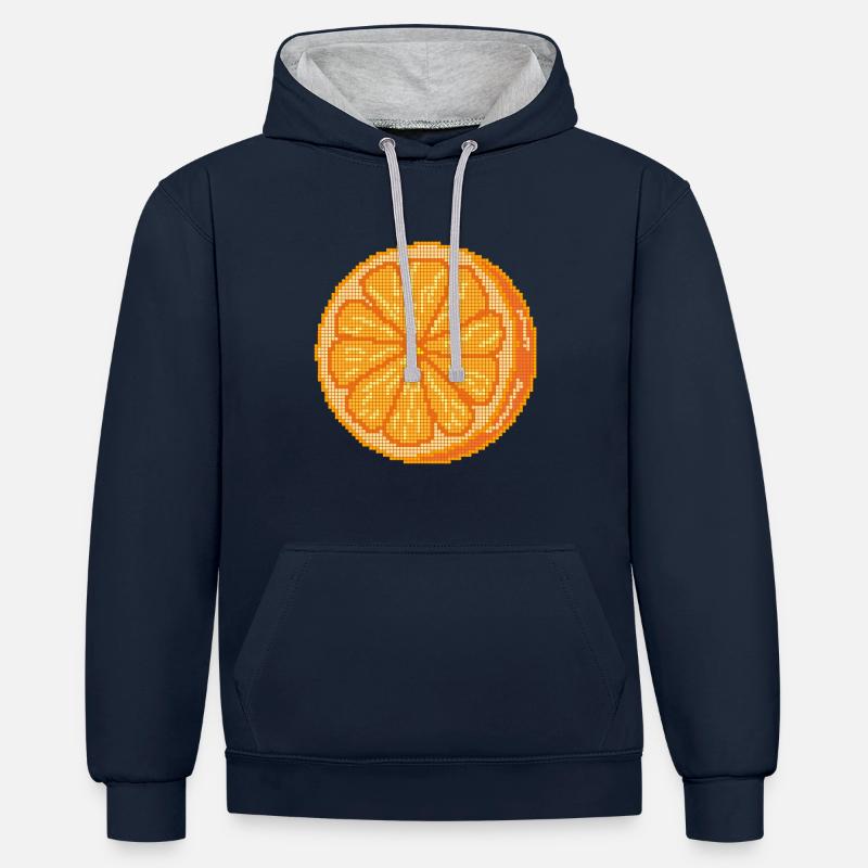 Fruit orange pixélisé - Sweat à capuche contrasté - bleu marine/gris chiné