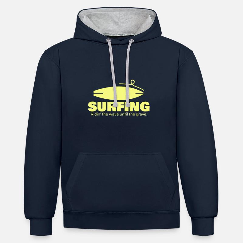 Surf, cadeau, idée cadeau - Sweat à capuche contrasté - bleu marine/gris chiné