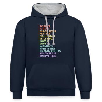 Kindness is EVERYTHING Science is Real - Kontrast-Hoodie - Navy/Grau meliert - Vorne - Nico (186cm)