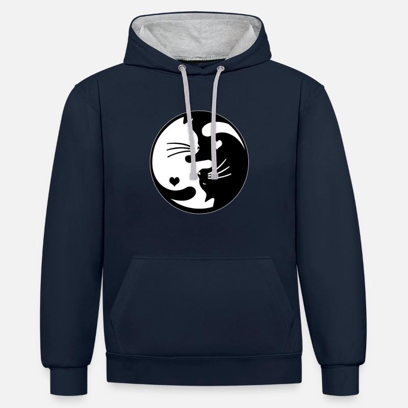 Chats Ying Yang - Sweat à capuche contrasté - bleu marine/gris chiné