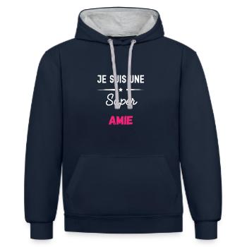 je suis une super amie - Sweat à capuche contrasté - bleu marine/gris chiné - Devant - Nico (186cm)