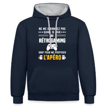 rétrogaming ne dérangez pas sauf apéro - Sweat à capuche contrasté - bleu marine/gris chiné - Devant - Nico (186cm)