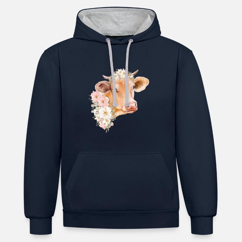 VACHE AVEC DES FLEURS - Sweat à capuche contrasté - bleu marine/gris chiné