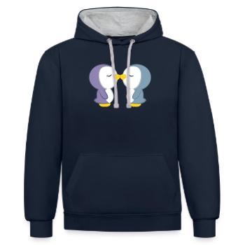 Pingouin - pingouins - motif pingouin - amour de pingouin - Sweat à capuche contrasté - bleu marine/gris chiné - Devant - Nico (186cm)