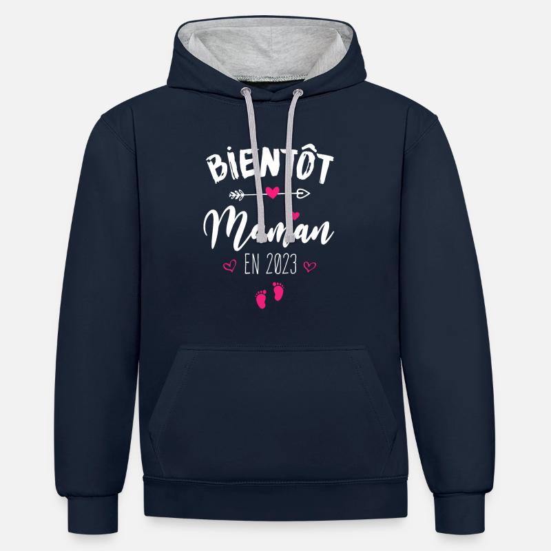 Bientôt Maman En 2023 - Sweat à capuche contrasté - bleu marine/gris chiné