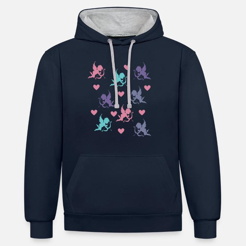 Cupidons et cœurs - Sweat à capuche contrasté - bleu marine/gris chiné