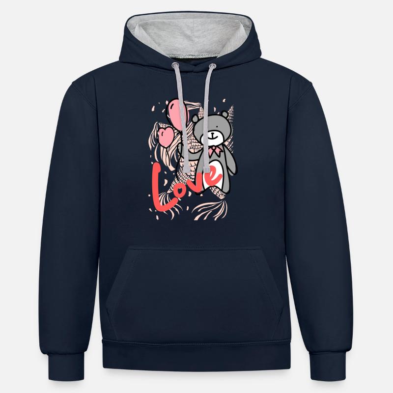 Amour - Salutations d’amour - Sweat à capuche contrasté - bleu marine/gris chiné