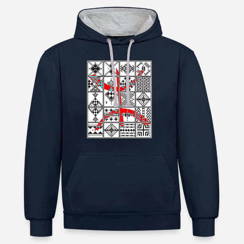 AMAZIGH BERBERE KABYLE MOTIF KABYLE - Sweat à capuche contrasté - bleu marine/gris chiné