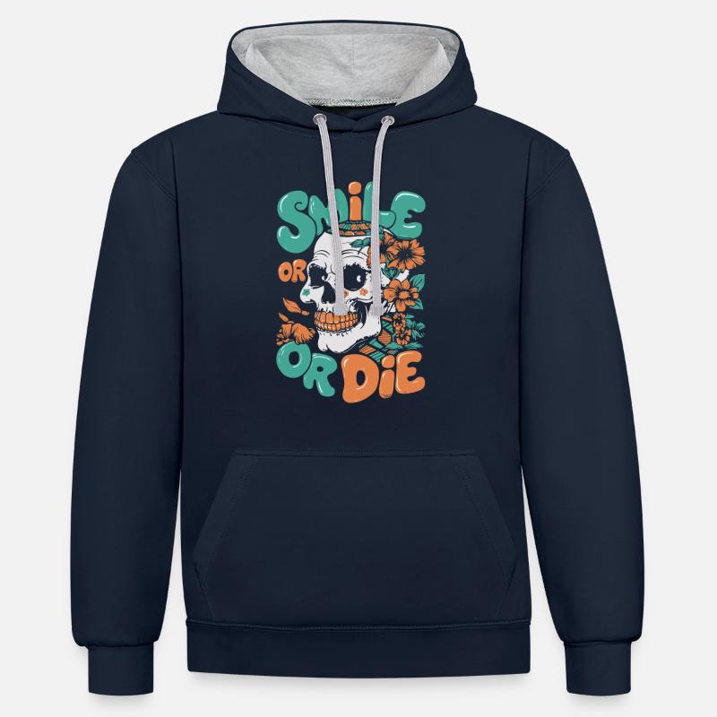 LÄCHELN ODER STERBEN - Kontrast-Hoodie - Navy/Grau meliert