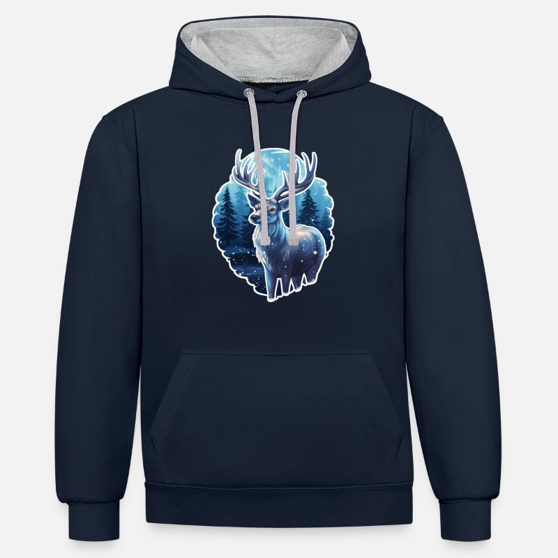 Chevreuil en hiver - Sweat à capuche contrasté - bleu marine/gris chiné