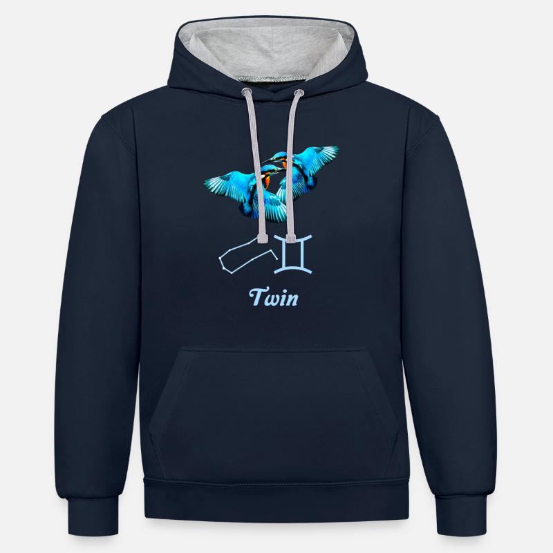 Sternzeichen Zwilling, Eisvogel, Sternenbild - Kontrast-Hoodie - Navy/Grau meliert