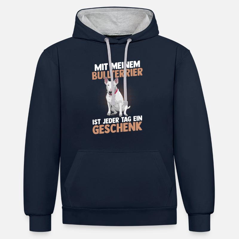 Chien Bull Terrier - Sweat à capuche contrasté - bleu marine/gris chiné