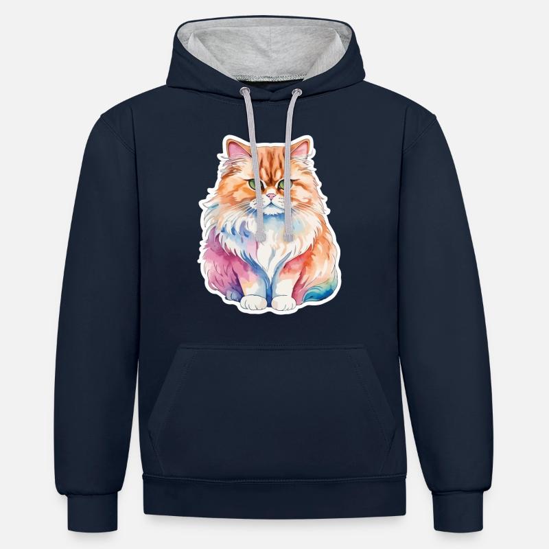 Aquarelles de chat persan - Sweat à capuche contrasté - bleu marine/gris chiné
