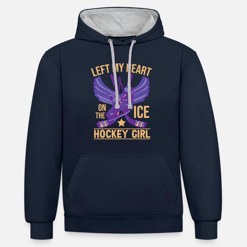 Fille de hockey sur glace - Sweat à capuche contrasté - bleu marine/gris chiné