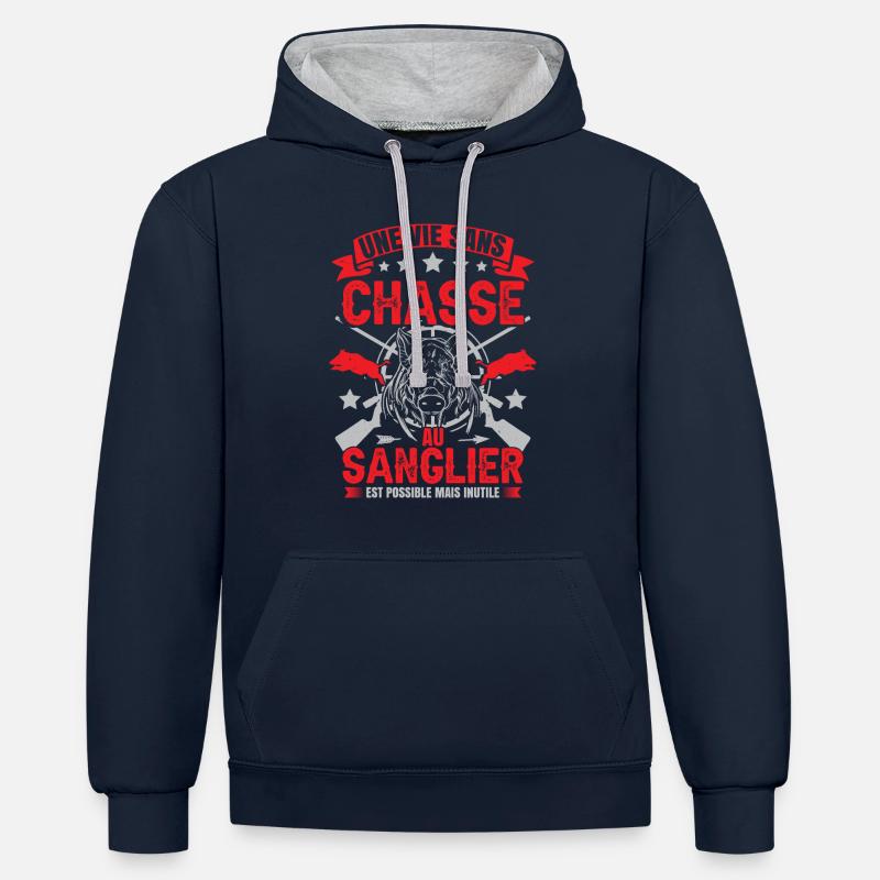 Dicton Chasseur Sanglier - Sweat à capuche contrasté - bleu marine/gris chiné