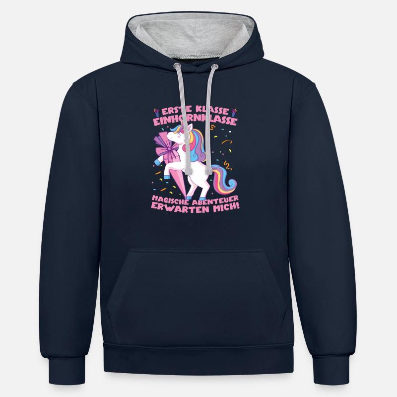 Grundschule Einhorn Mädchen - Kontrast-Hoodie - Navy/Grau meliert