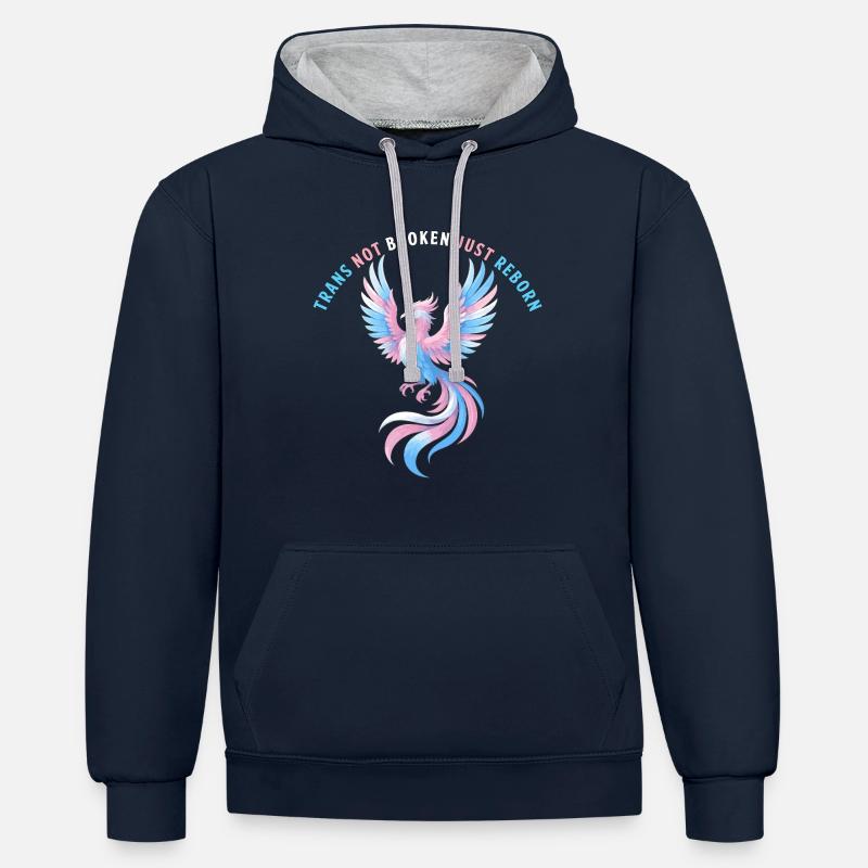Trans Phoenix – Pas brisé, renaît - Sweat à capuche contrasté - bleu marine/gris chiné