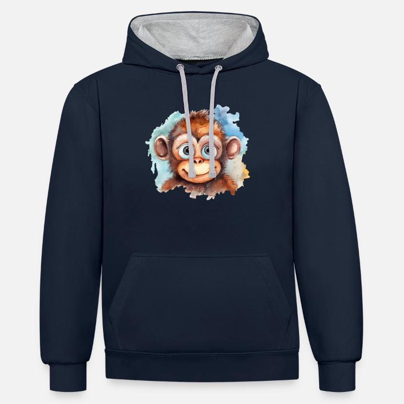 Singe Dessin Aquarelles - Sweat à capuche contrasté - bleu marine/gris chiné