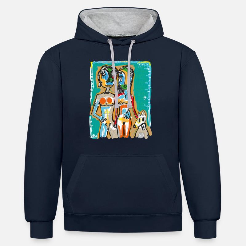 Couple avec chien - Sweat à capuche contrasté - bleu marine/gris chiné