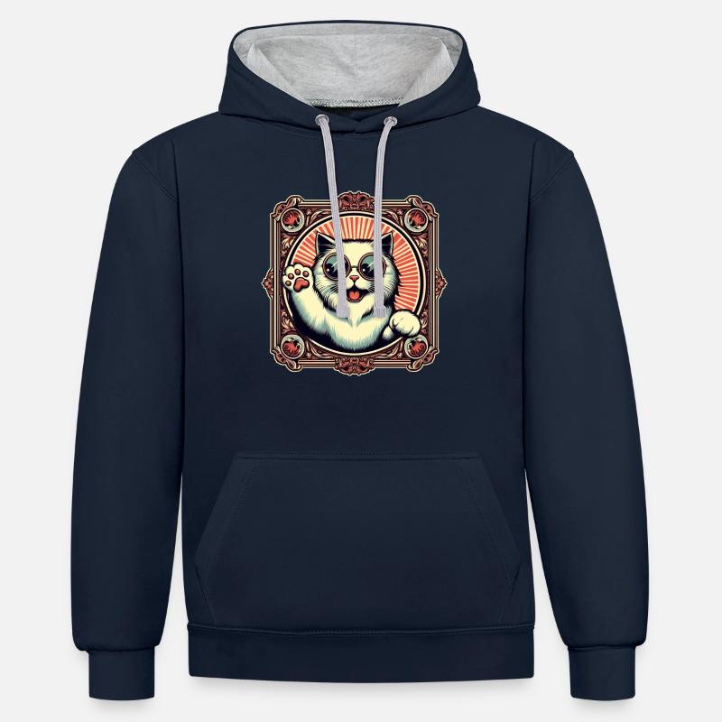 Chat ondulant - Sweat à capuche contrasté - bleu marine/gris chiné