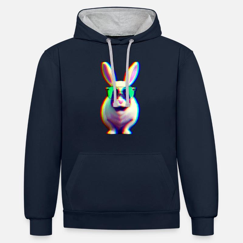 Cool Rabbit - Lapin effet glitch - Sweat à capuche contrasté - bleu marine/gris chiné