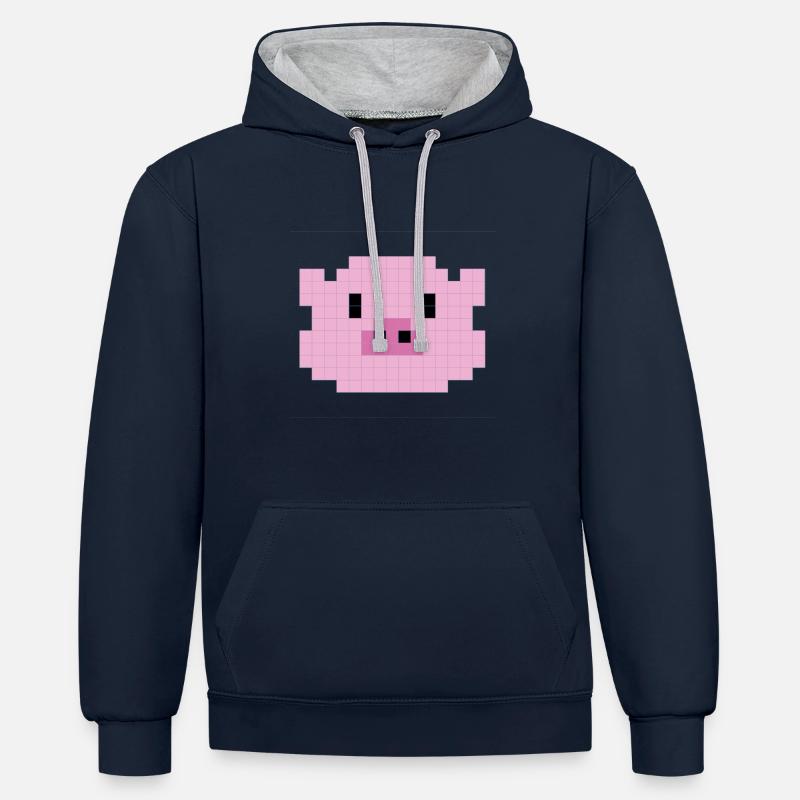 Tête de porc pixélisée - Sweat à capuche contrasté - bleu marine/gris chiné