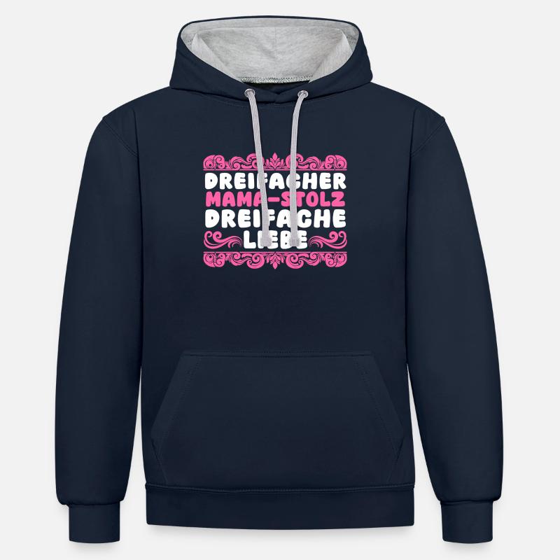 Maman de 3 enfants - Sweat à capuche contrasté - bleu marine/gris chiné
