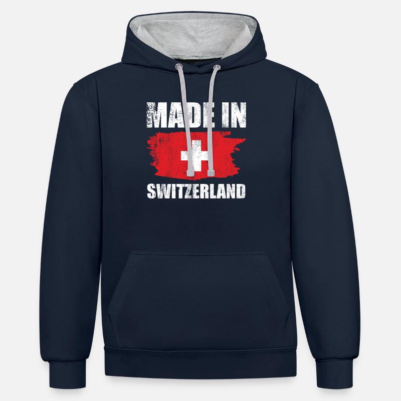 Fabriqué en Suisse avec drapeau - Sweat à capuche contrasté - bleu marine/gris chiné